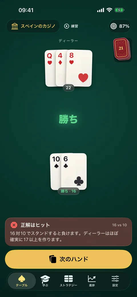 Veintiunoが判断を正している画面：10に対する16では、ヒットが正しいプレイでした